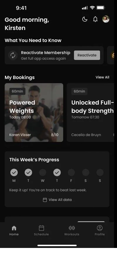 Itensity member app — home screen
