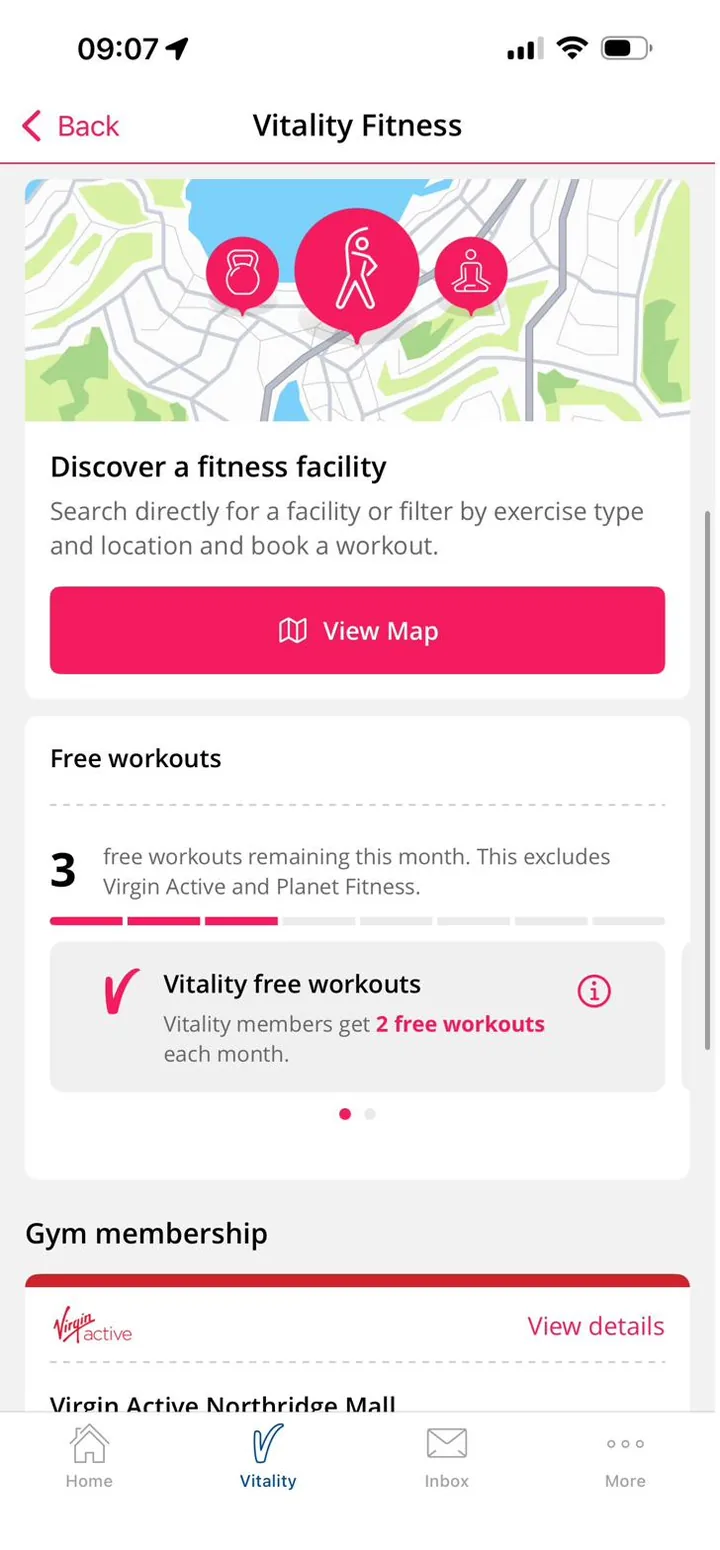 Discovery Vitality Fitness app showing nearby Itensity-powered facilities