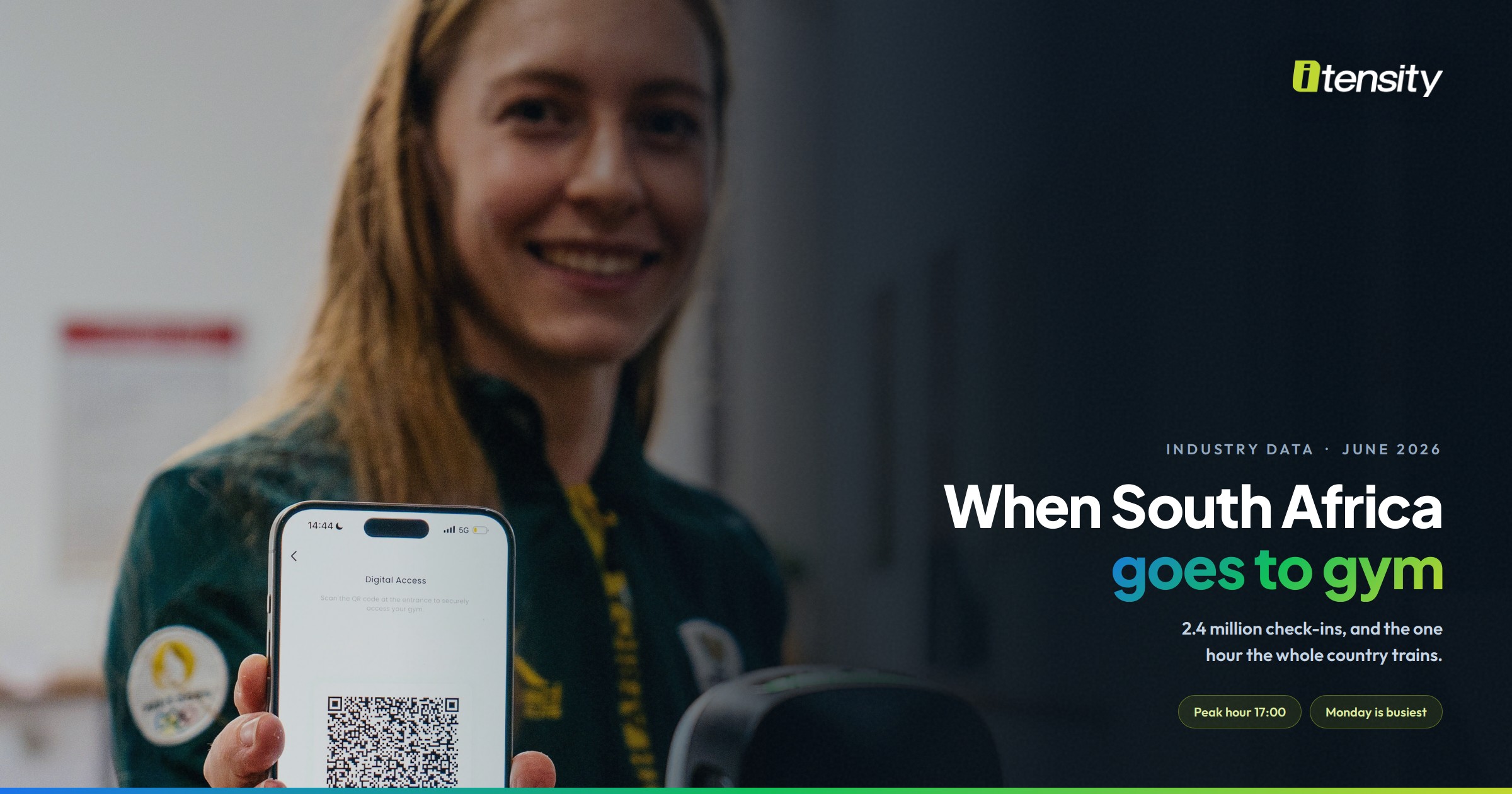 A gym member checking in with a QR code on the Itensity app at a club entrance scanner