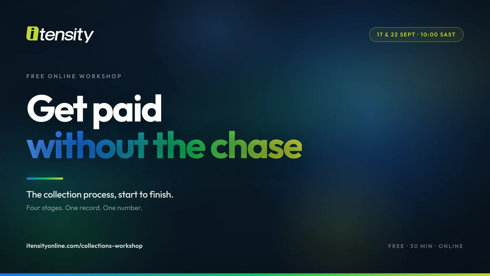 Itensity free online workshop: get paid without the chase. The collection process, start to finish. 17 and 22 September, 10:00 SAST.